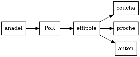 digraph wf_weak {
   rankdir=LR;
   node [shape = box];
   anadel -> PoR;
   PoR -> elfipole;
   elfipole -> coucha;
   elfipole -> proche;
   elfipole -> anten;
}